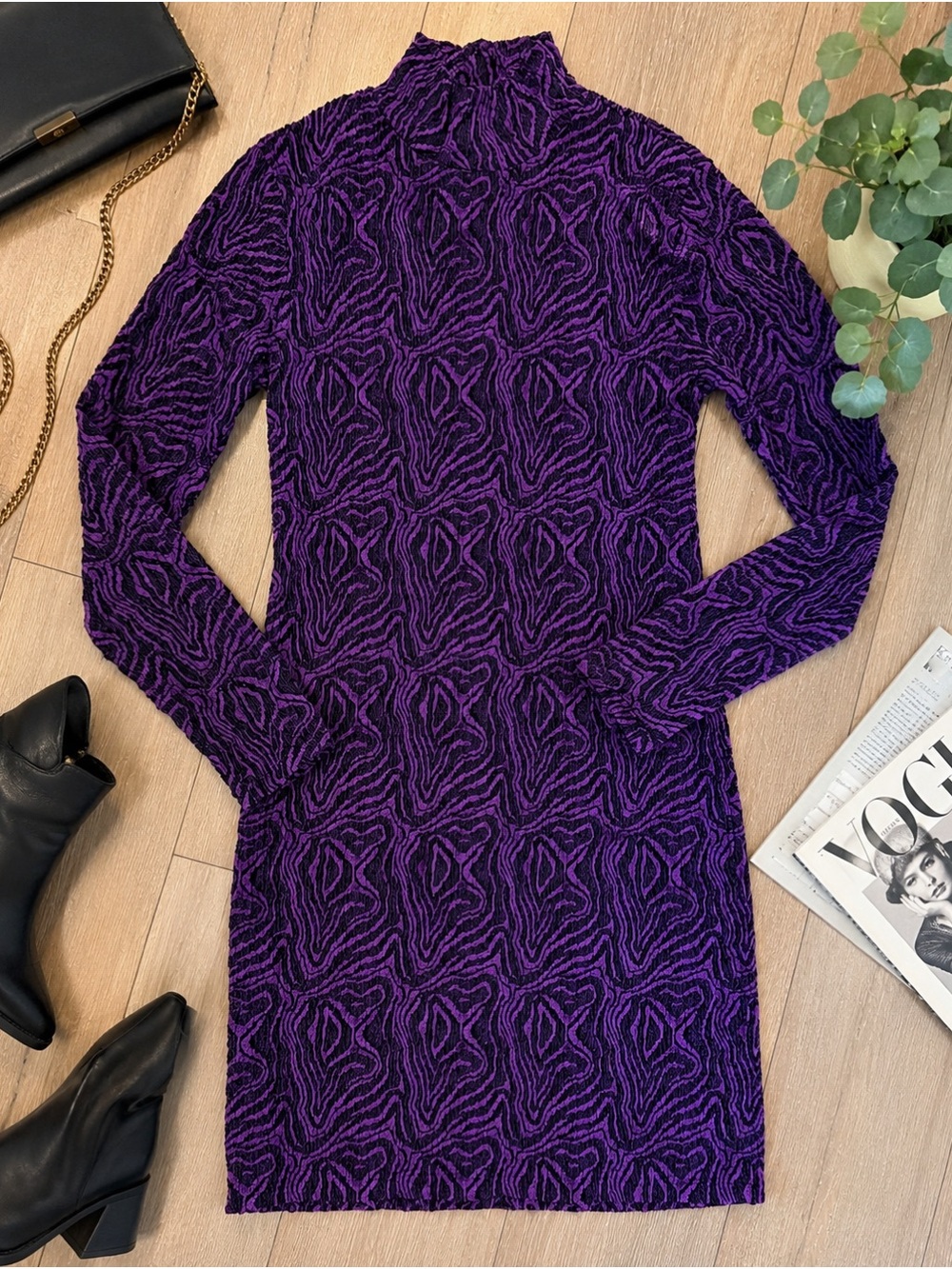 💜 ZARA Purple Black Textured Mock Neck Bodycon Mini Dress Size L